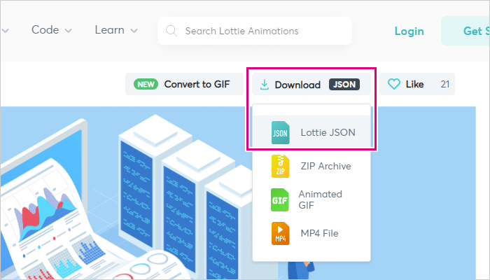 「Download JSON」→「Lottie JSON」をクリック